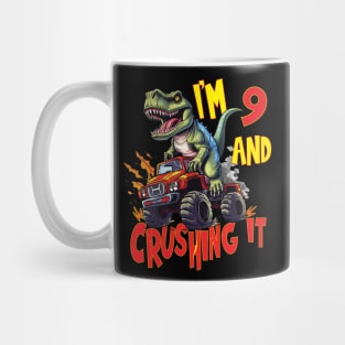 I'm 9 and Crushing It 9yr 8th Eight Three Birthday Monster Truck T-Rex Dinosaur Boy Girl 8 Years Old Mug